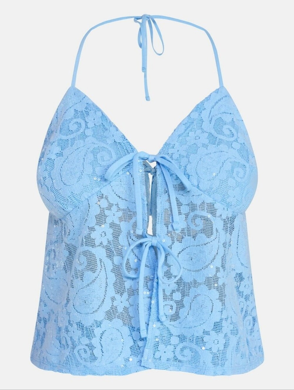 NEW No Boundaries Women's Crochet Lace Tie Front Halter Tank Swim Coverup Blue